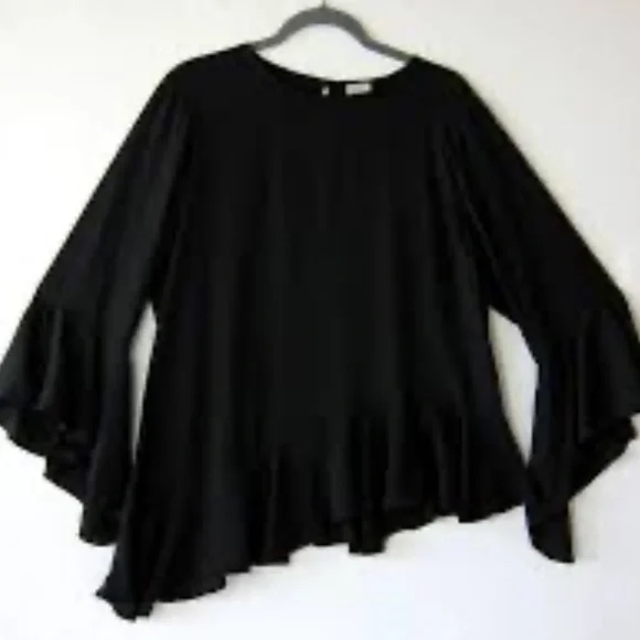 Chicos Sheer Asymmetrical Ruffle Hem Sleeves Black Blouse - Picture 2 of 8